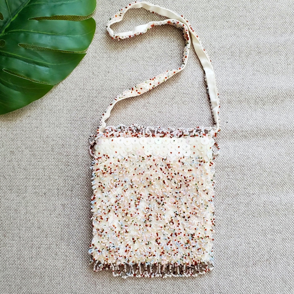 Vintage 60s Beaded Evening Bag with Fringe and Sequins Purse
